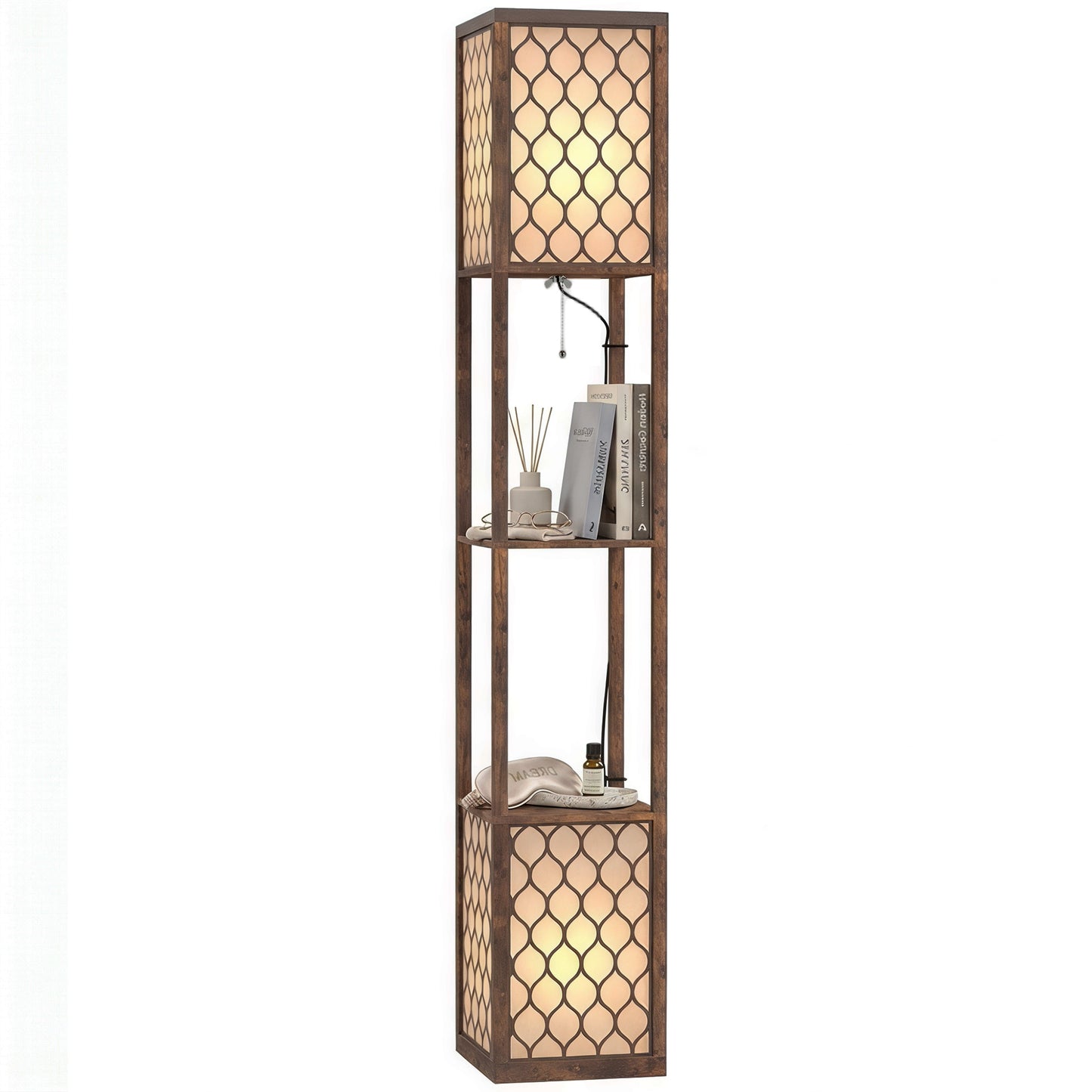 2-Light Modern Floor Lamp with Shelves for Bedroom, Rustic Brown