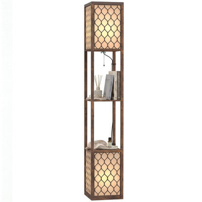 2-Light Modern Floor Lamp with Shelves for Bedroom, Rustic Brown
