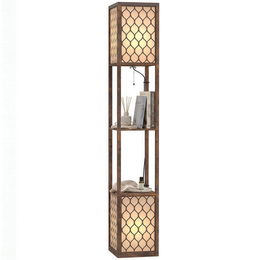 2-Light Modern Floor Lamp with Shelves for Bedroom, Rustic Brown