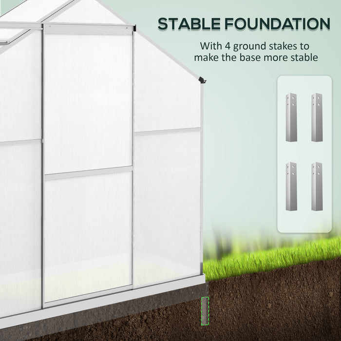 6 x 2.5ft Polycarbonate Greenhouse Walk-In Green House with Rain Gutter, Sliding Door, Window, Foundation, Silver