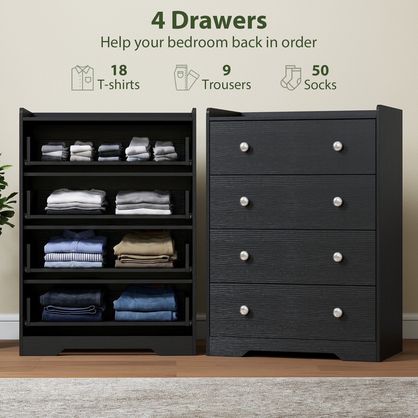 4 Drawer Chest of Drawers, Storage Cabinet, Black Wood Effect