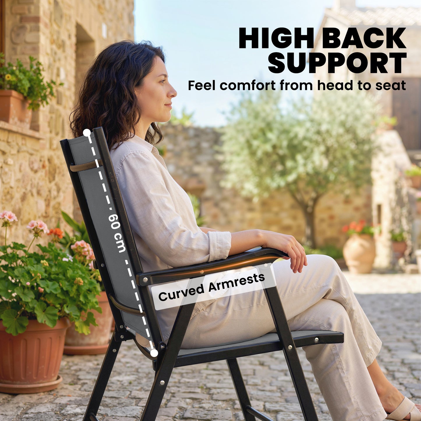 Folding Garden Chairs Set of 2 with High Back, Armrests, Light Grey