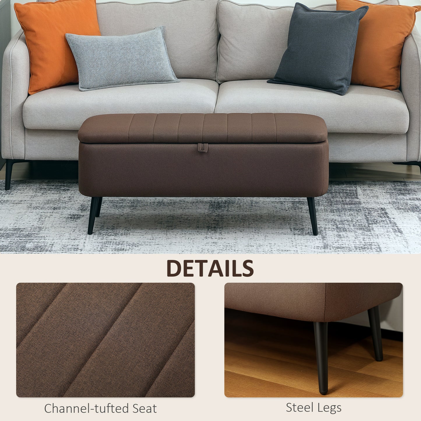 Storage Ottoman Bench, Linen Fabric Footstool with Steel Legs Brown