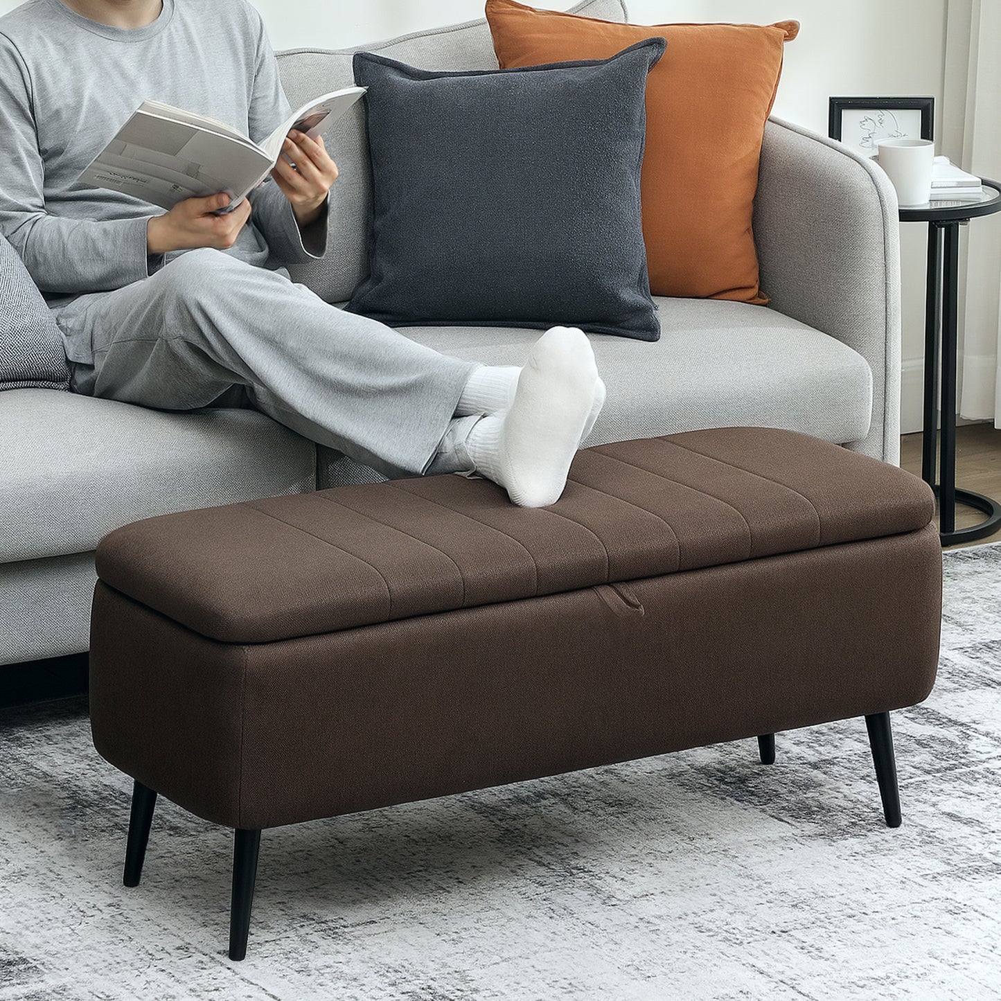 Storage Ottoman Bench, Linen Fabric Footstool with Steel Legs Brown