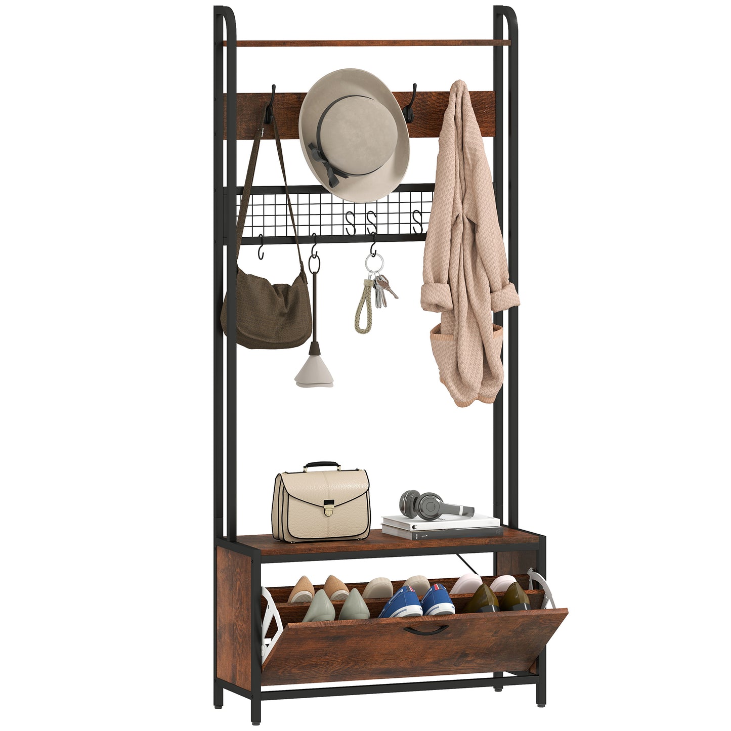 Industrial Hall Tree Coat Rack Stand with Shoe Cabinet Rustic Brown