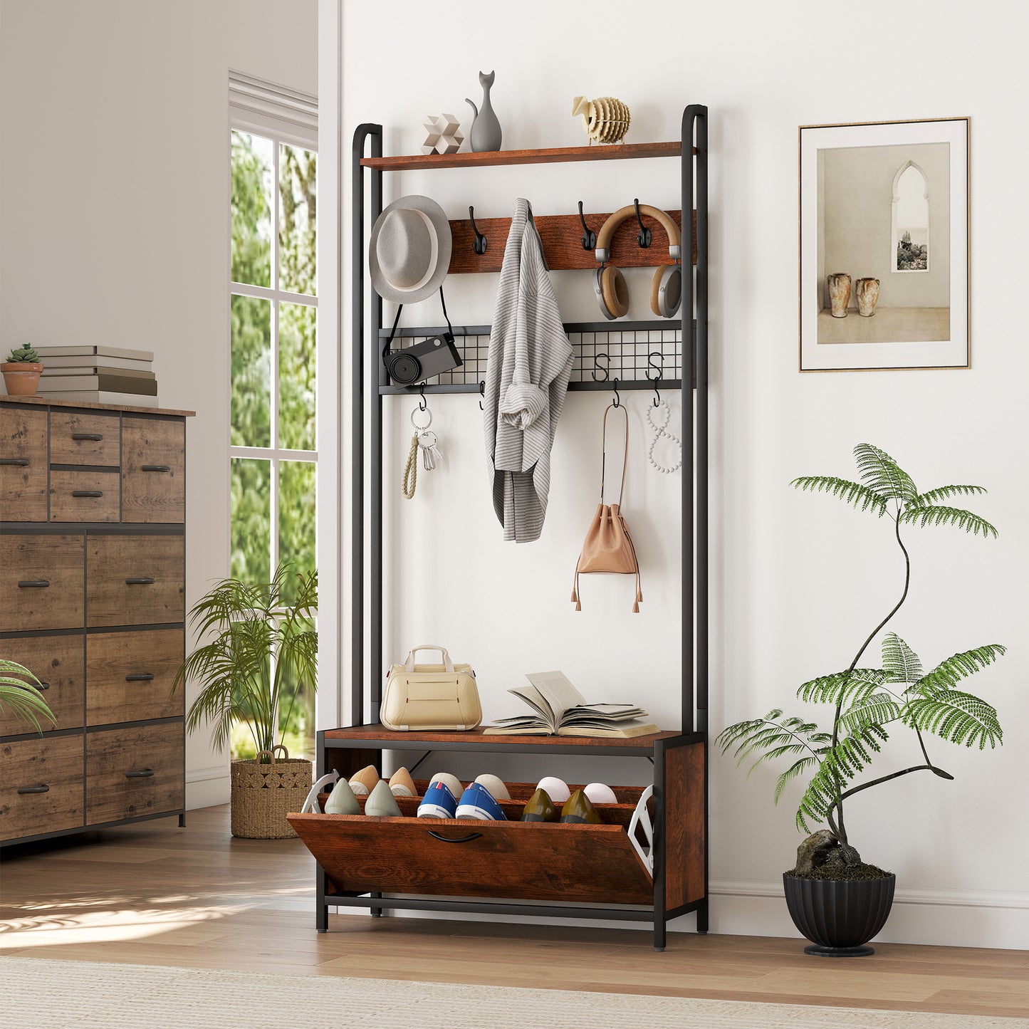 Industrial Hall Tree Coat Rack Stand with Shoe Cabinet Rustic Brown