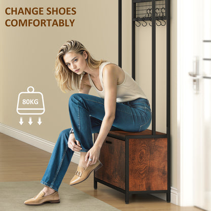 Industrial Hall Tree Coat Rack Stand with Shoe Cabinet Rustic Brown