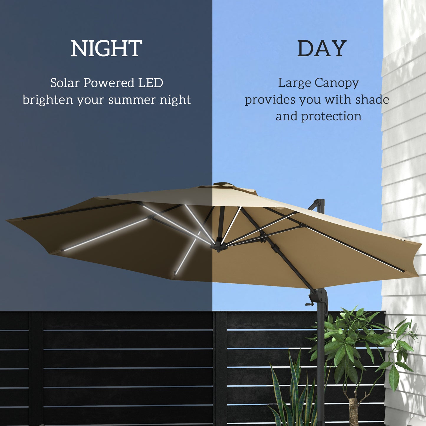 3(m) Solar LED Cantilever Parasol Adjustable Garden Umbrella Khaki