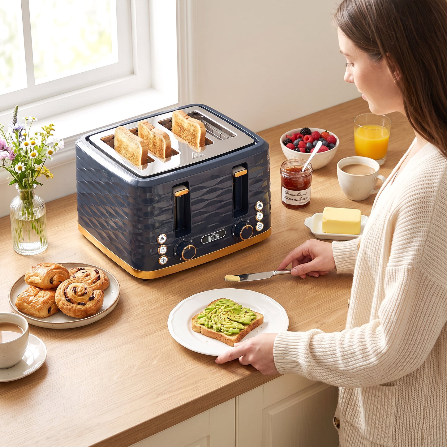 Toaster with 4 Slot, 7 Browning Levels, 1860W, Ripple, Dark Blue