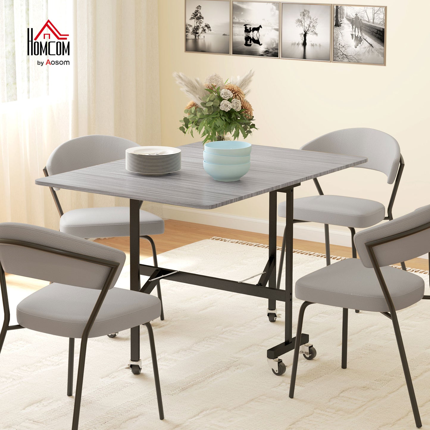 Mobile Drop Leaf Table, Folding Kitchen Table with 6 Wheels, Grey