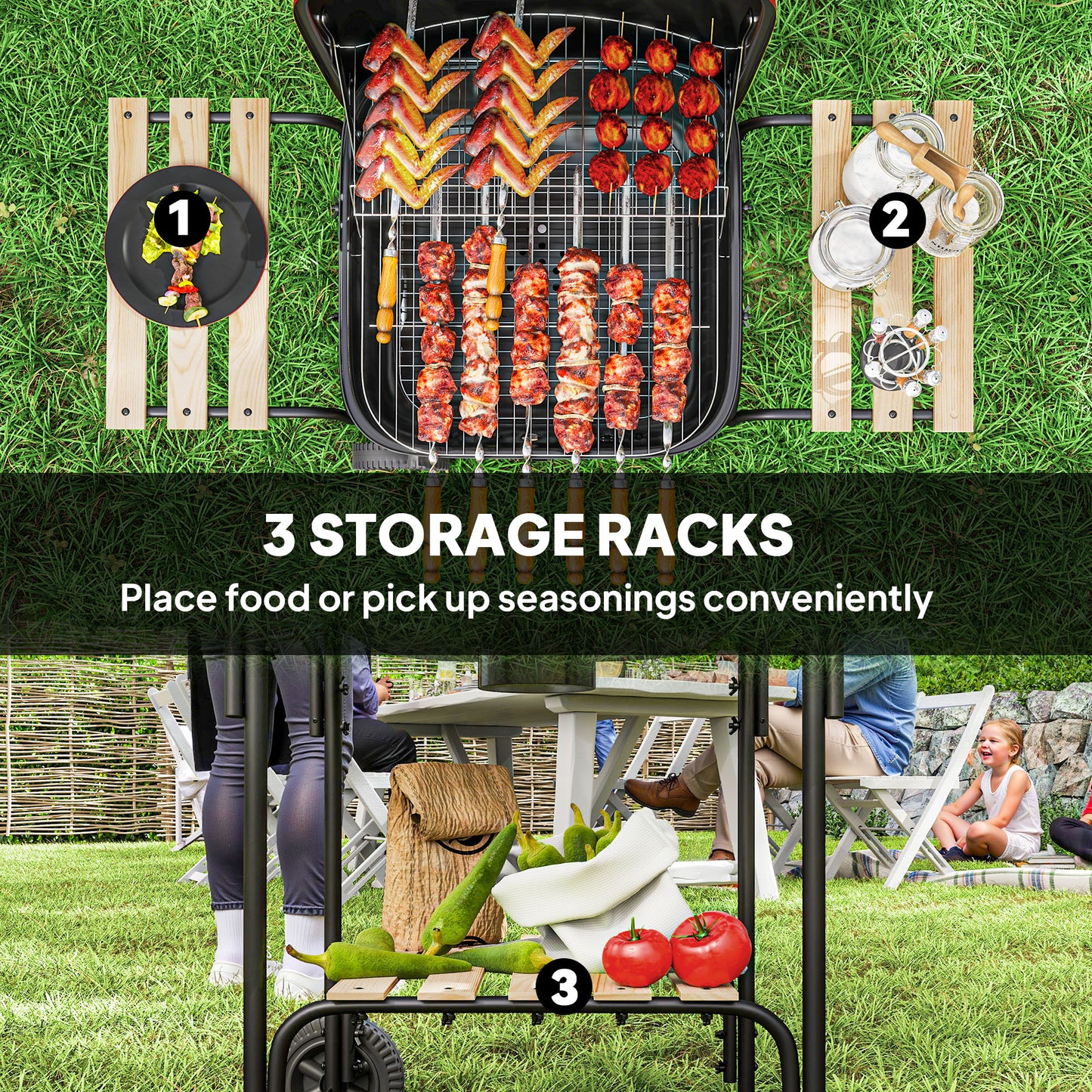 Charcoal Barbecue Grill Portable BBQ with Lockable Lid, Vent, Red