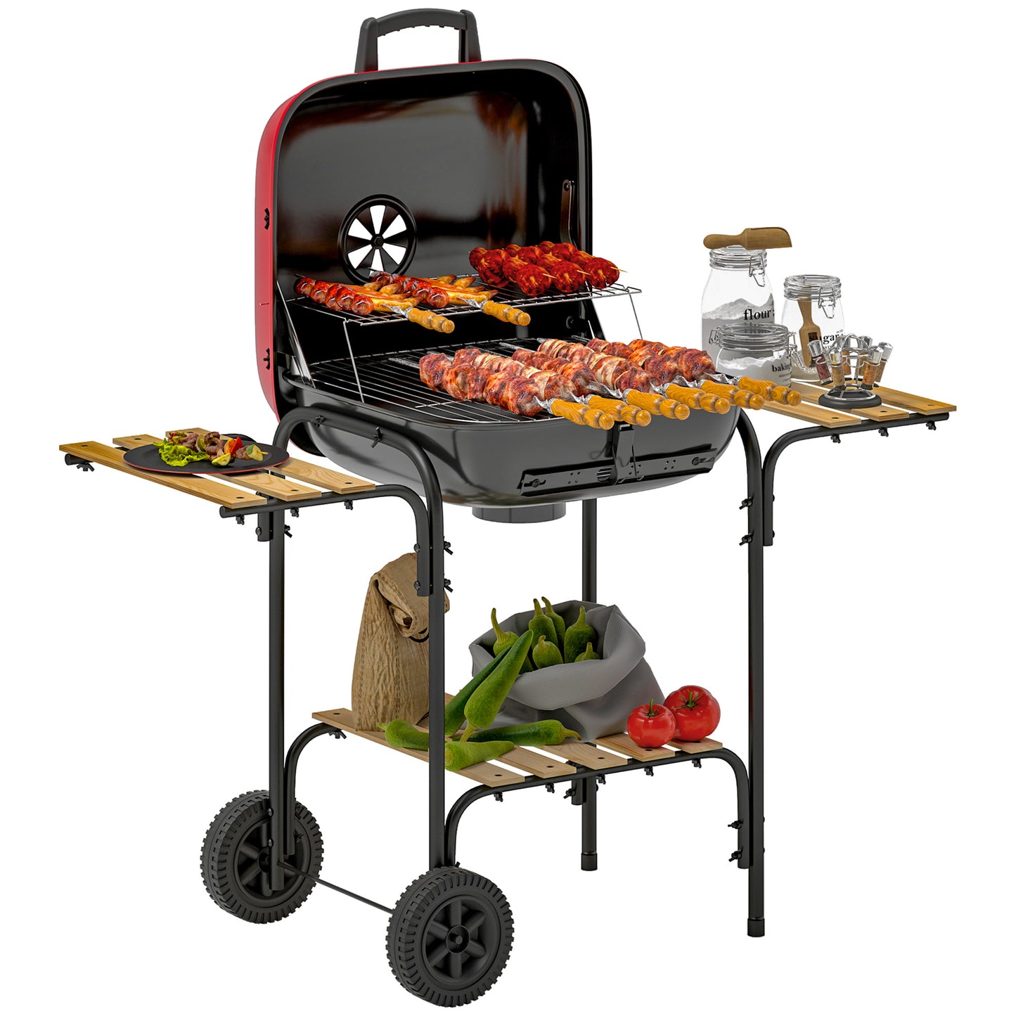 Charcoal Barbecue Grill Portable BBQ with Lockable Lid, Vent, Red