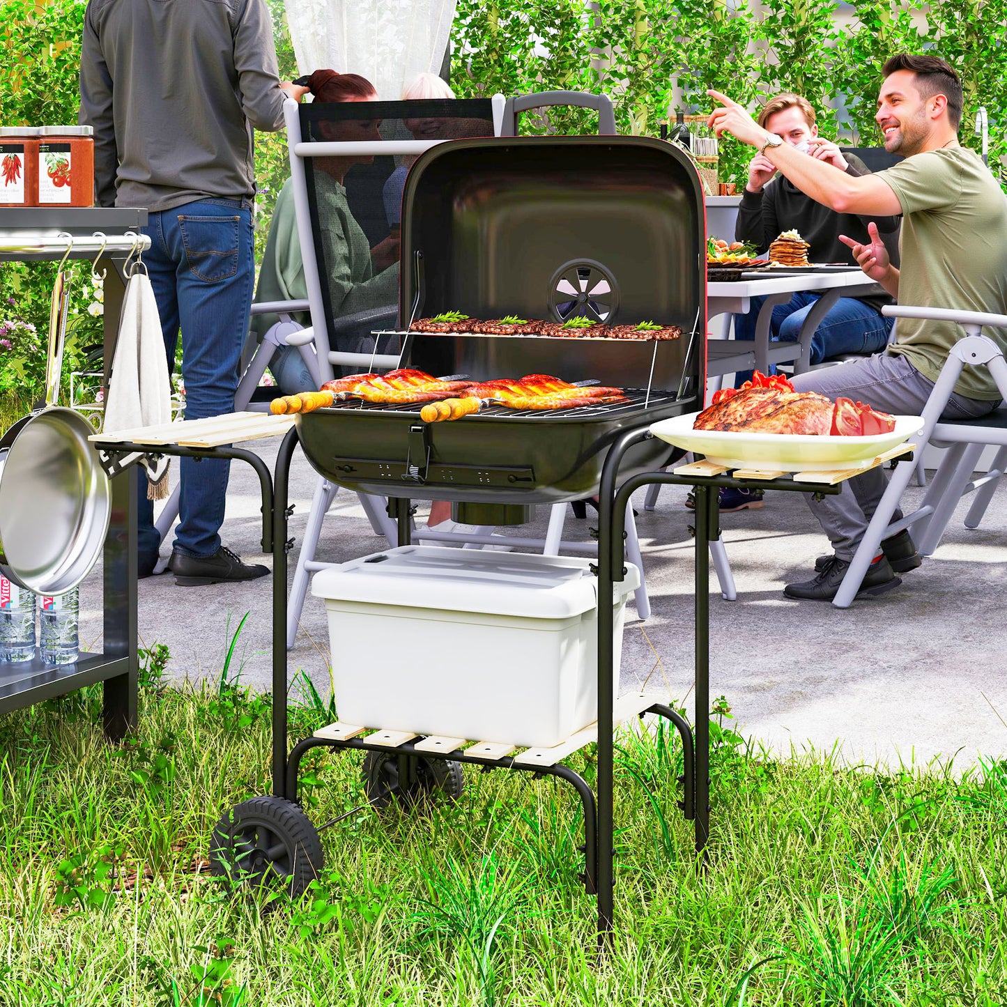 Charcoal Barbecue Grill Portable BBQ with Lockable Lid, Vent, Red