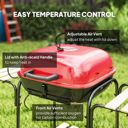 Charcoal Barbecue Grill Portable BBQ with Lockable Lid, Vent, Red