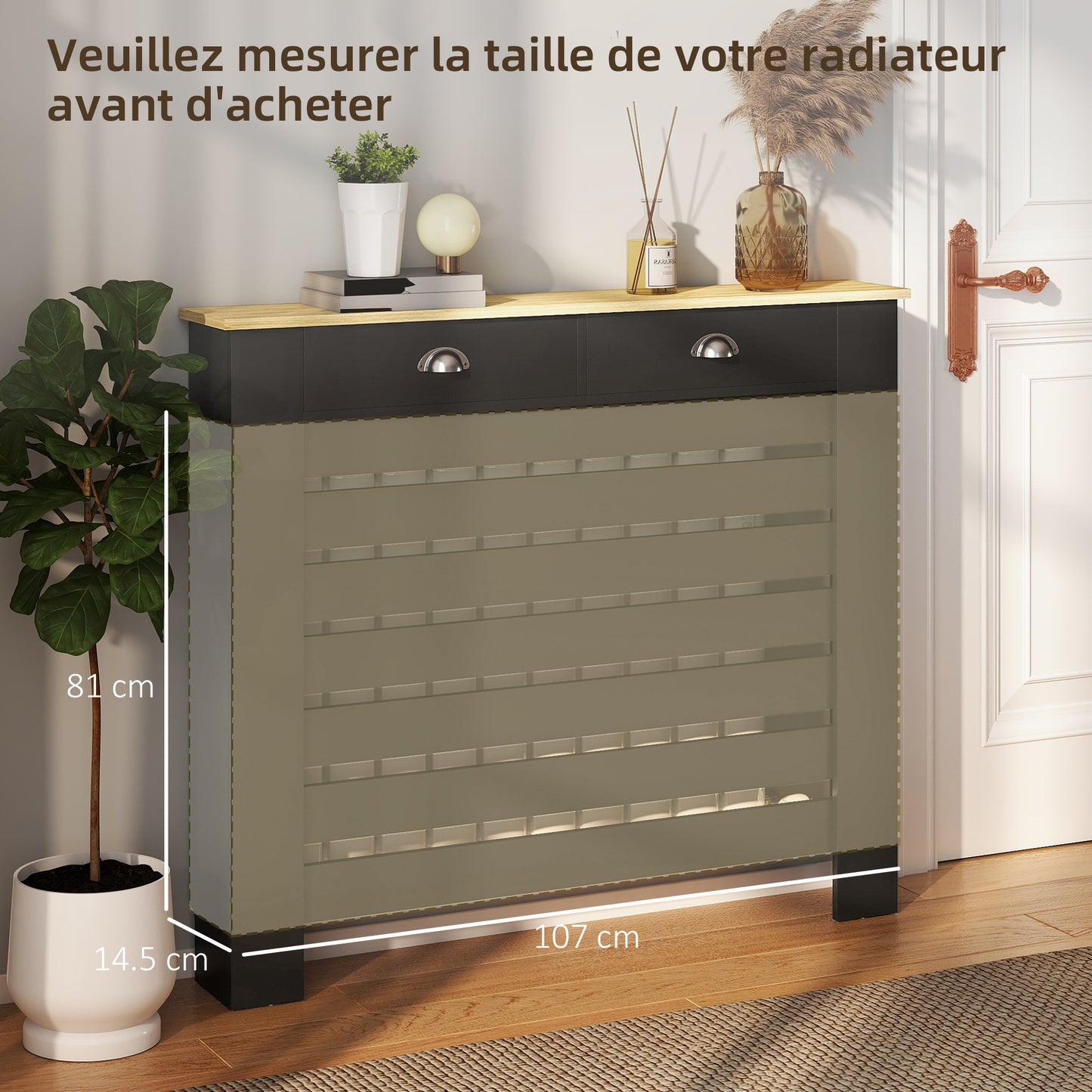 Radiator Cover with Drawer, Horizontal Slat, 111cm, Black