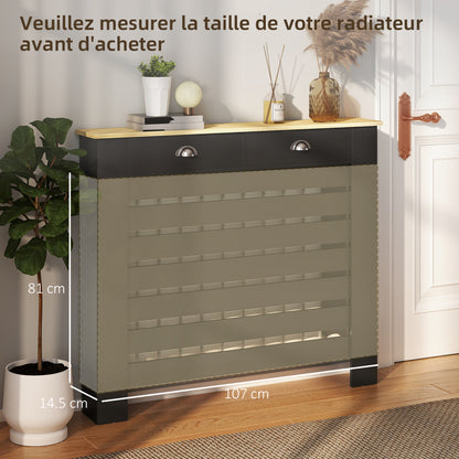 Radiator Cover with Drawer, Horizontal Slat, 111cm, Black