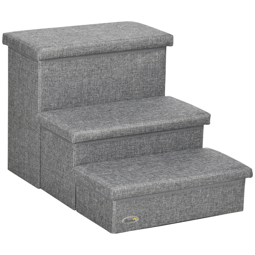 3 Step Dog Steps with Storage Boxes, Cat Stairs for Bed Sofa, Light Grey