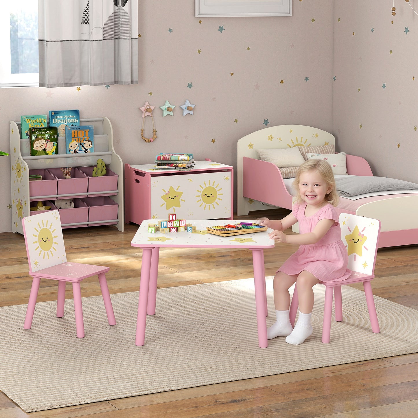 3-Piece Kids Table and Chair Sets, Kids Table with 2 Chairs Set Furniture with Star Pattern for Boys and Girls, Bedroom, Nursery, Playroom, Pink