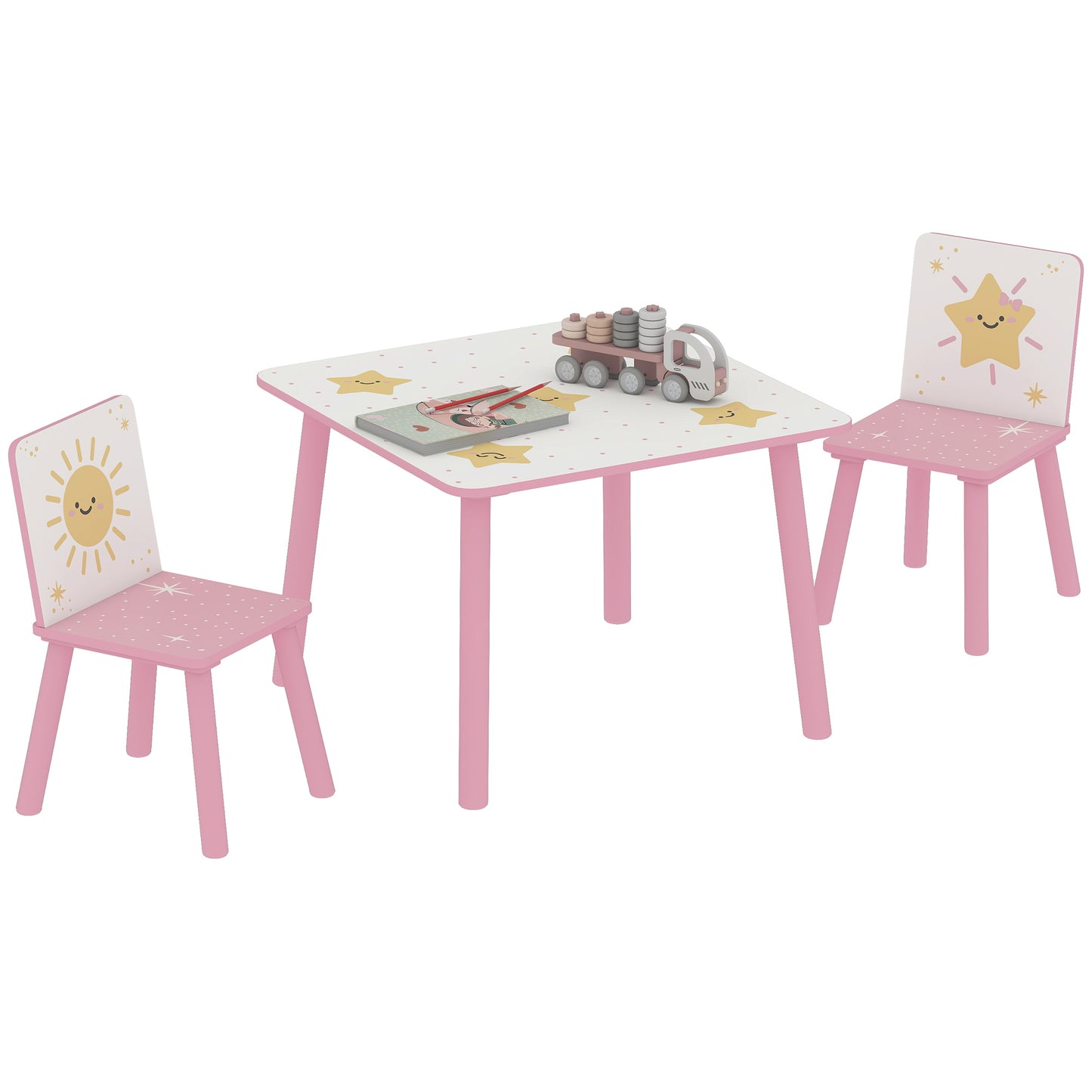 3-Piece Kids Table and Chair Sets, Kids Table with 2 Chairs Set Furniture with Star Pattern for Boys and Girls, Bedroom, Nursery, Playroom, Pink