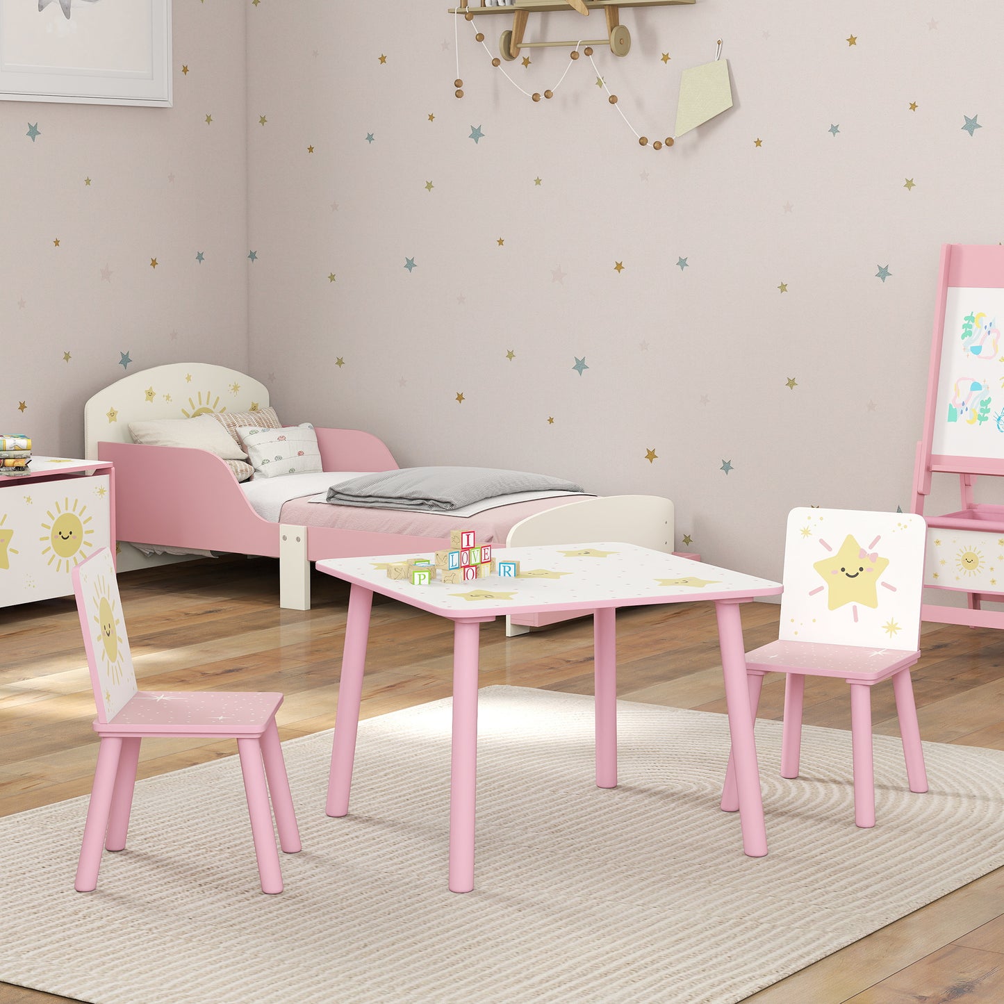 3-Piece Kids Table and Chair Sets, Kids Table with 2 Chairs Set Furniture with Star Pattern for Boys and Girls, Bedroom, Nursery, Playroom, Pink