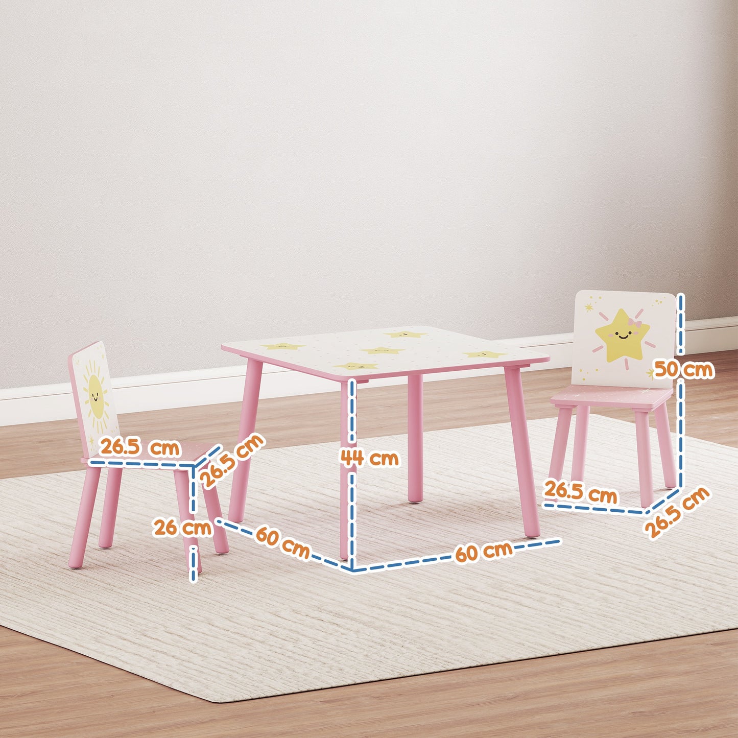 3-Piece Kids Table and Chair Sets, Kids Table with 2 Chairs Set Furniture with Star Pattern for Boys and Girls, Bedroom, Nursery, Playroom, Pink