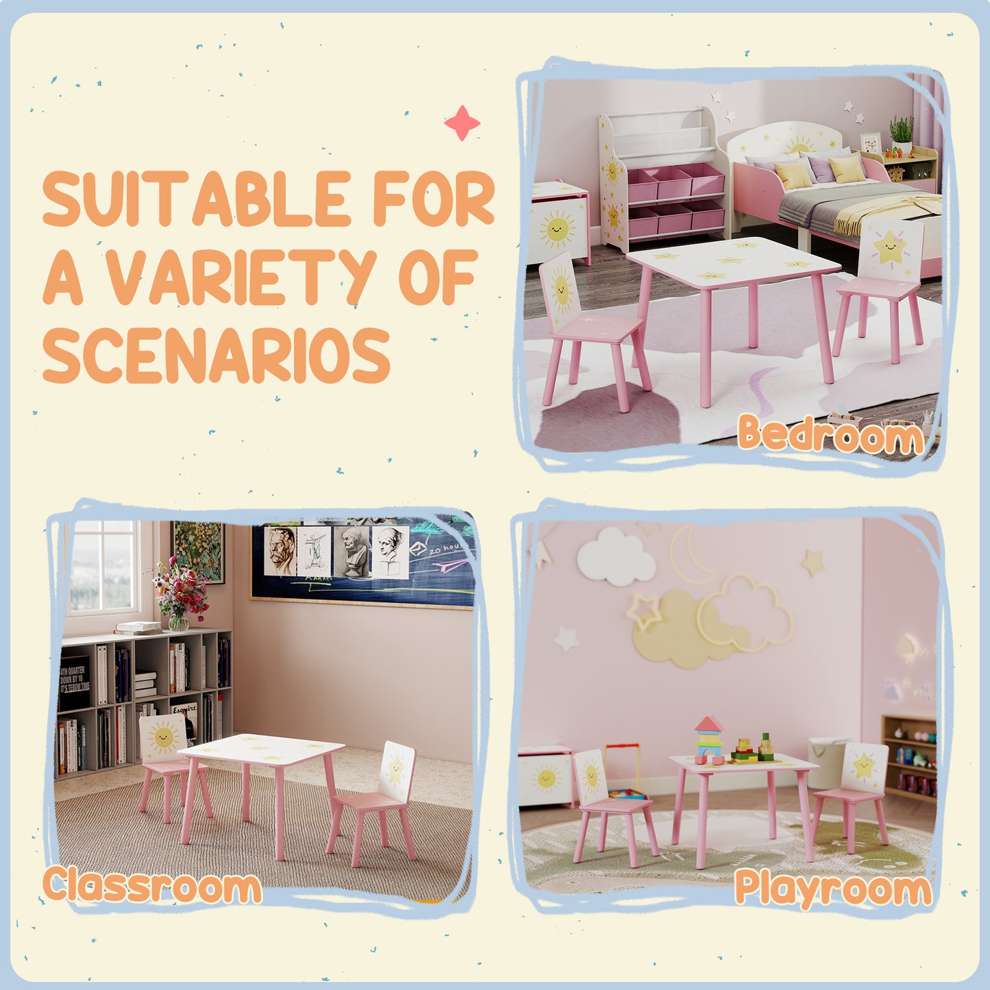 3-Piece Kids Table and Chair Sets, Kids Table with 2 Chairs Set Furniture with Star Pattern for Boys and Girls, Bedroom, Nursery, Playroom, Pink