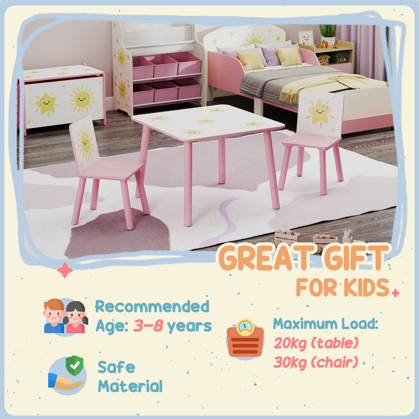 3-Piece Kids Table and Chair Sets, Kids Table with 2 Chairs Set Furniture with Star Pattern for Boys and Girls, Bedroom, Nursery, Playroom, Pink