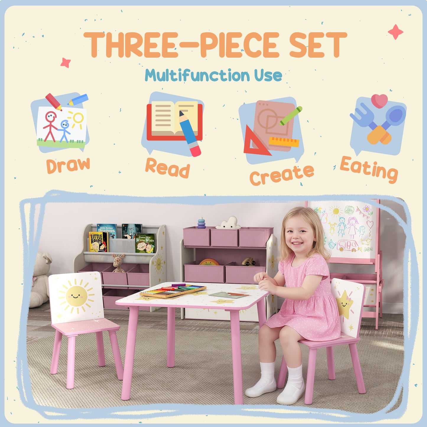 3-Piece Kids Table and Chair Sets, Kids Table with 2 Chairs Set Furniture with Star Pattern for Boys and Girls, Bedroom, Nursery, Playroom, Pink