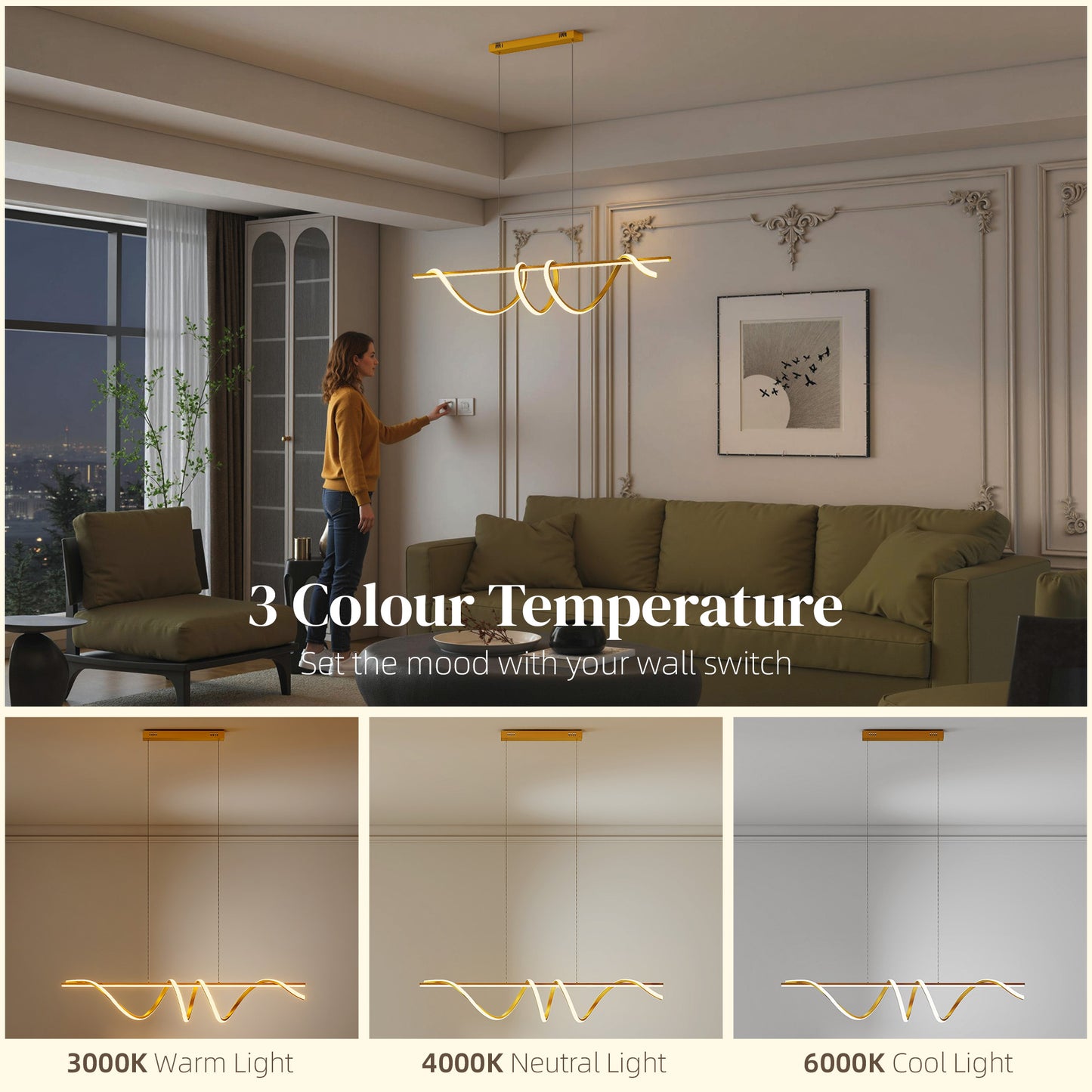 Pendant Light, Ceiling Light with 3 Colour Temperatures, Gold Tone