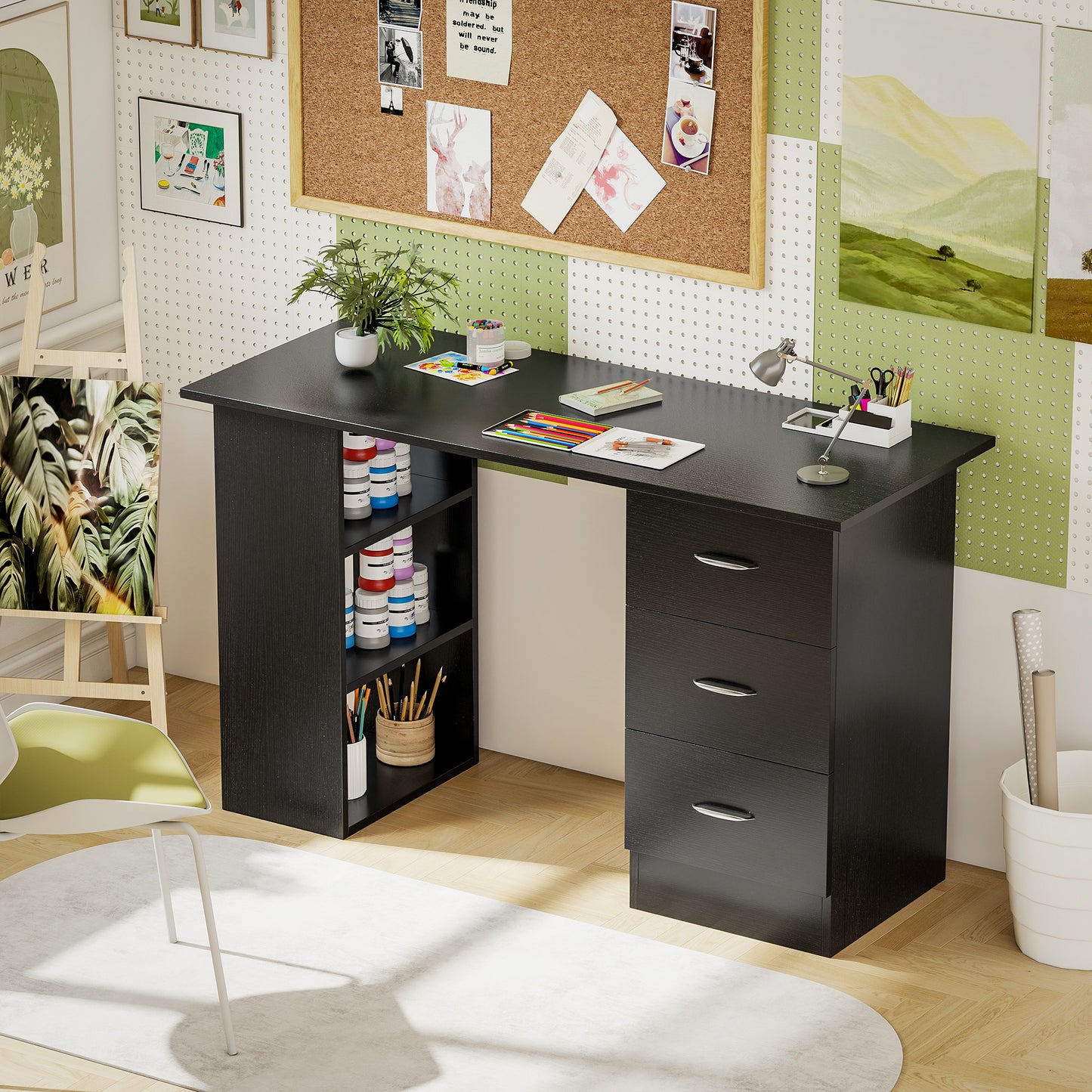 120cm PC Table Workstation Computer Desk with Drawers & 3 Shelf Black