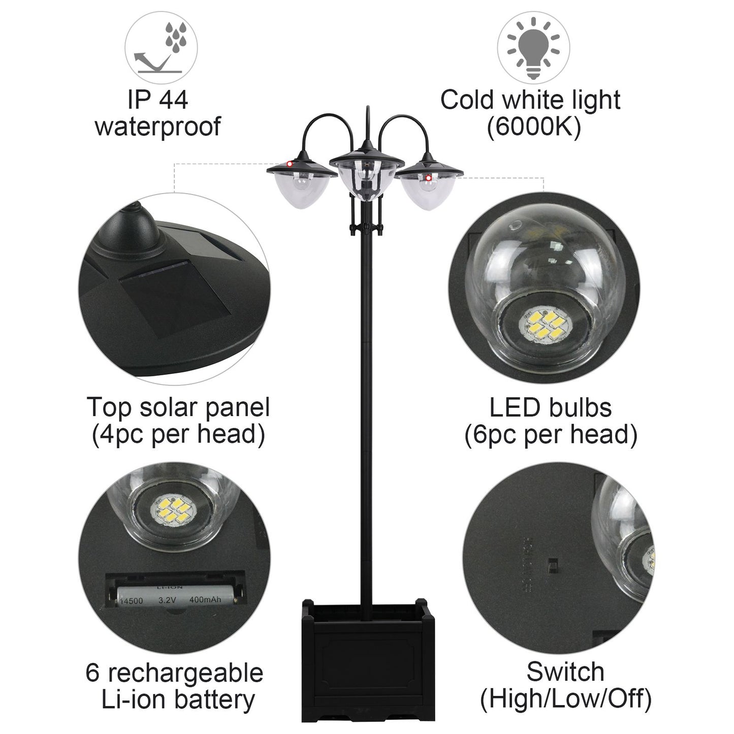 3-head LED Solar Light Lamp Street Light Post with Planter Base, Black