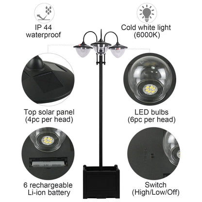 3-head LED Solar Light Lamp Street Light Post with Planter Base, Black