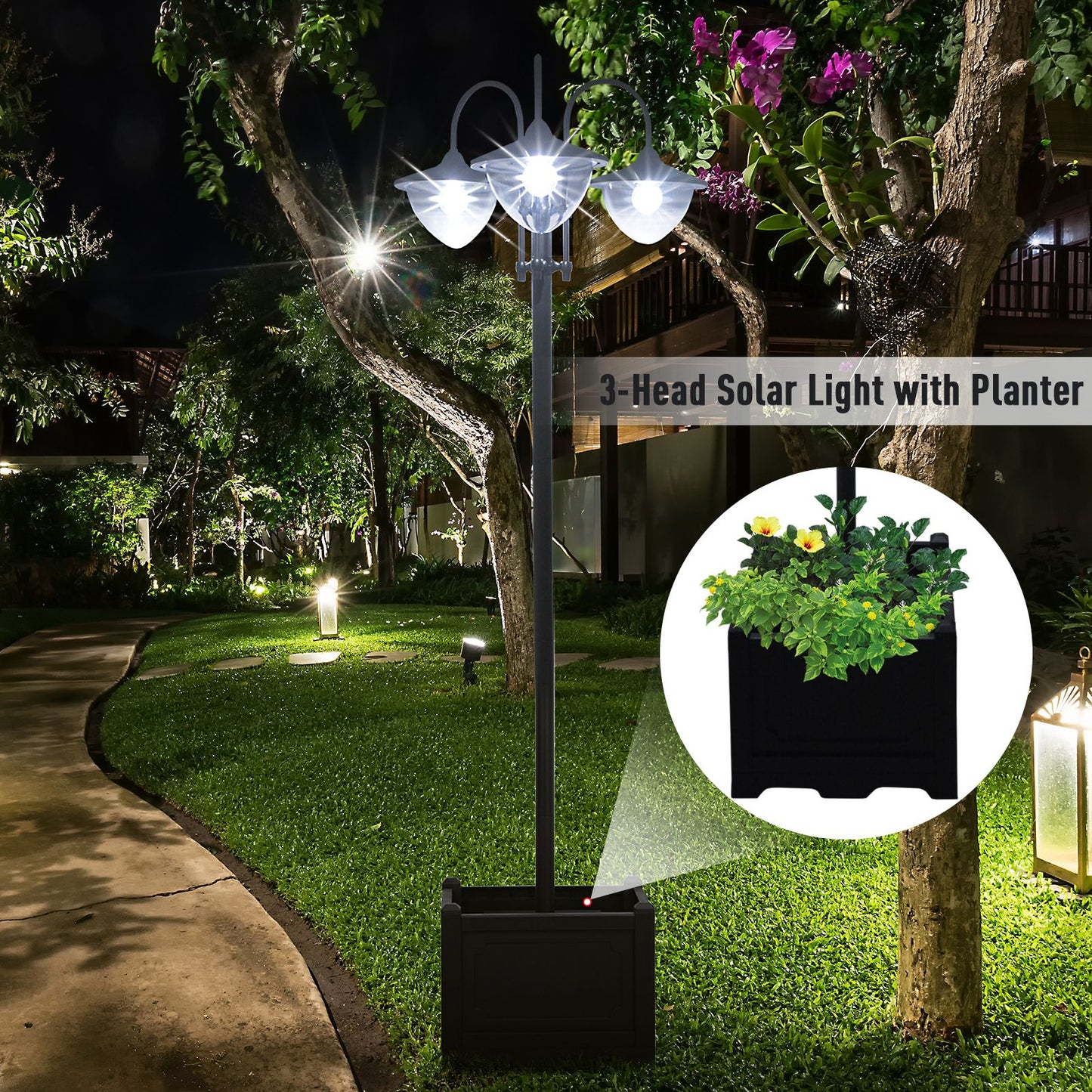 3-head LED Solar Light Lamp Street Light Post with Planter Base, Black