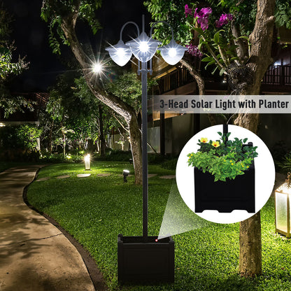3-head LED Solar Light Lamp Street Light Post with Planter Base, Black