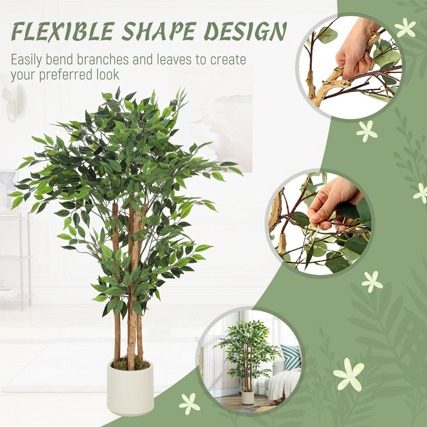120cm Artificial Ficus Tree, Decorative Artificial Plant with Solid Wood Trunk and Pot for Indoor Living Room Home Office Decor, Green
