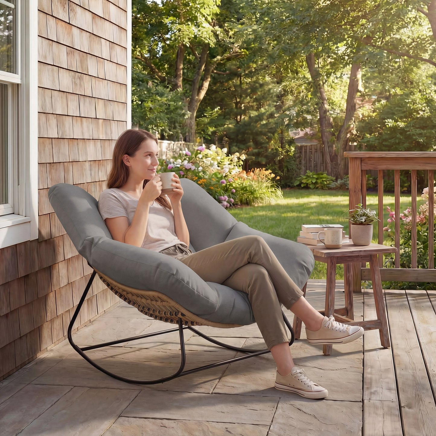 Indoor Outdoor Rocking Chair with Cushion, Grey