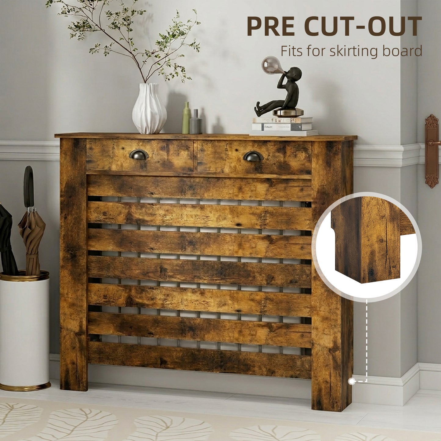 Radiator Cover with Drawer, Horizontal Slat, 111cm, Rustic Brown