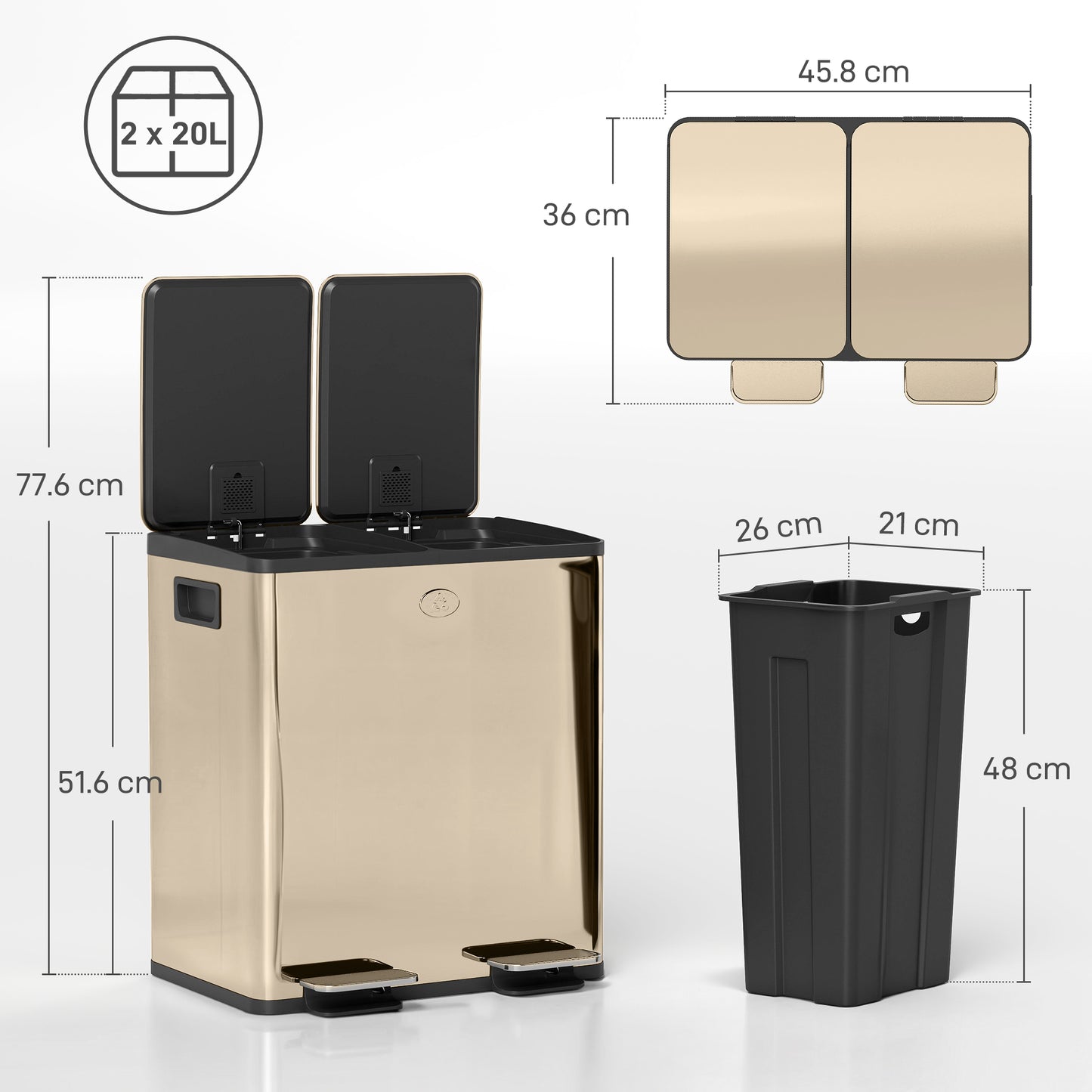 2 x 20L Dual Kitchen Bin Pedal Bin for Recycling and Waste, Gold Tone