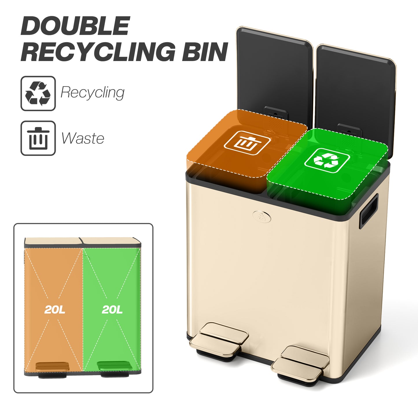 2 x 20L Dual Kitchen Bin Pedal Bin for Recycling and Waste, Gold Tone