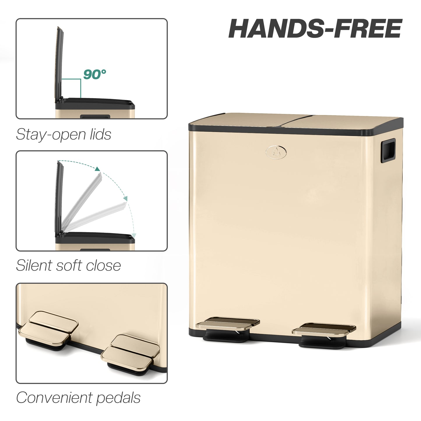 2 x 20L Dual Kitchen Bin Pedal Bin for Recycling and Waste, Gold Tone