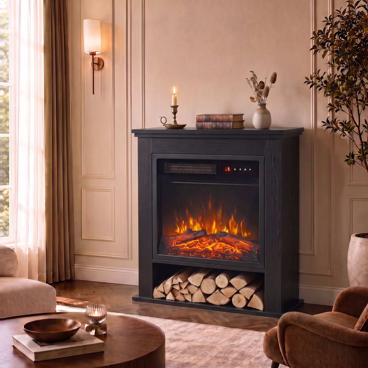 1800W Freestanding Electric Fireplace Suite with Log Shelf and Remote - Black