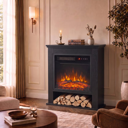 1800W Freestanding Electric Fireplace Suite with Log Shelf and Remote - Black