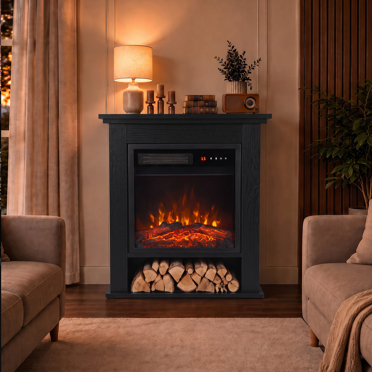 1800W Freestanding Electric Fireplace Suite with Log Shelf and Remote - Black