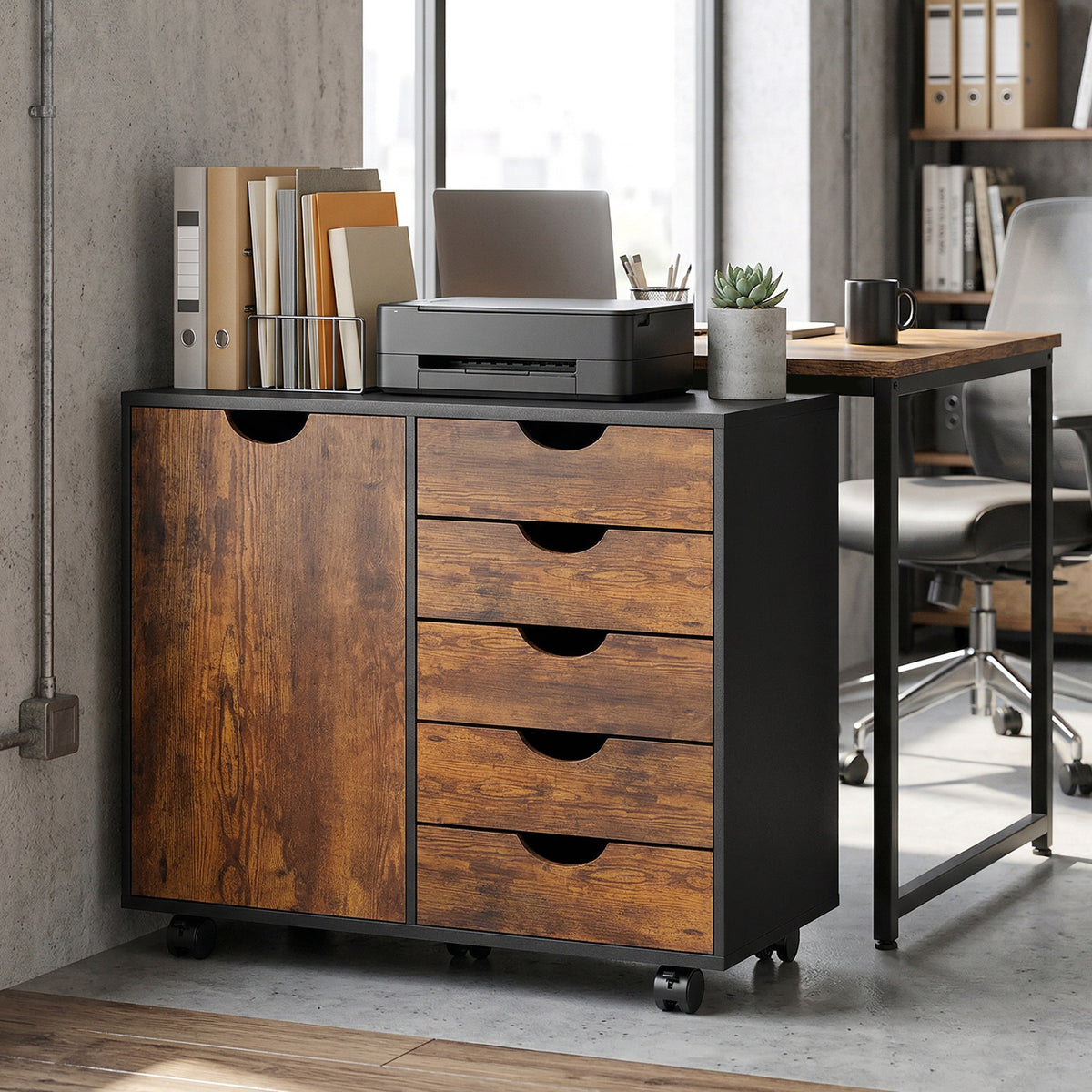 Modern Mobile 5-Drawer Cabinet w/ Door, Office Storage Cabinet