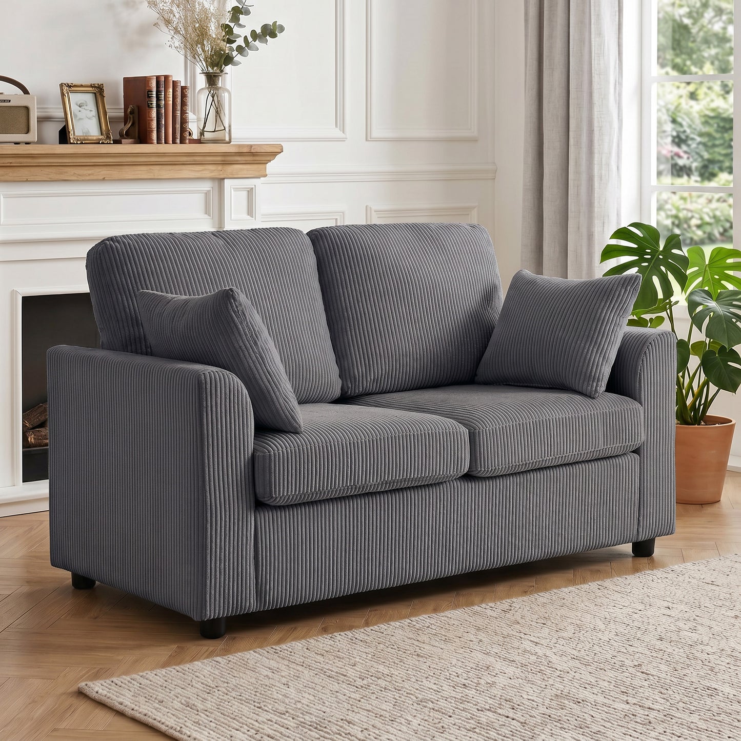 2 Seater Sofa, Corduroy Small Couch with Spring Cushion, Dark Grey