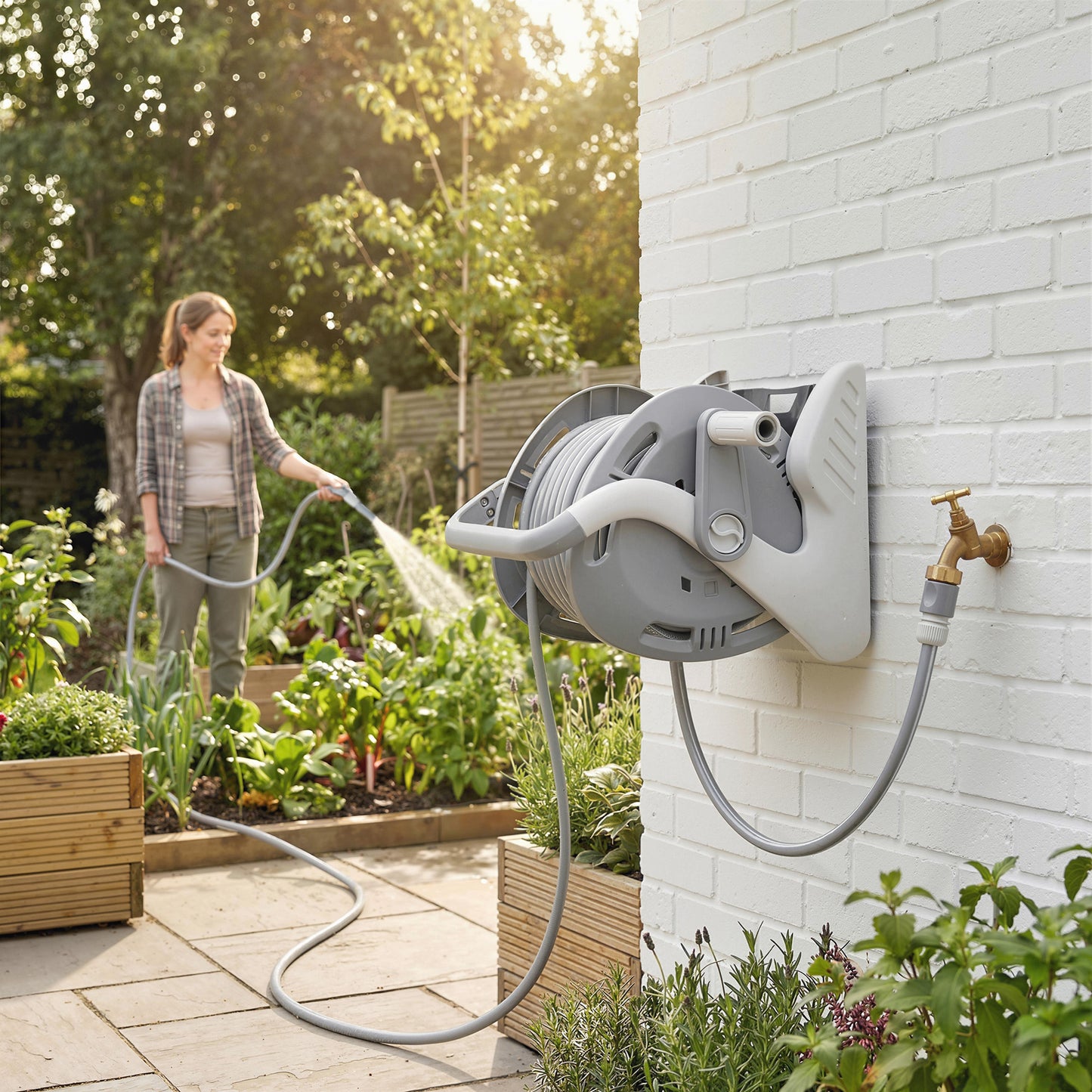 Portable Garden Hose Reel, 20+2 m Wall-Mounted Hose Reel, Grey