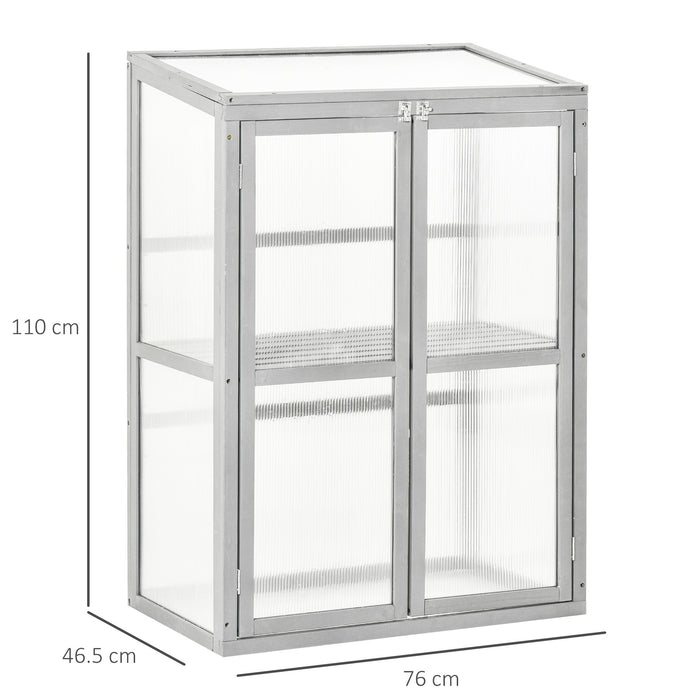 Wooden Cold Frame Greenhouse Garden Polycarbonate Grow House w/ Adjustable Shelf, Double Doors, 76 x 47 x 110 cm, Grey