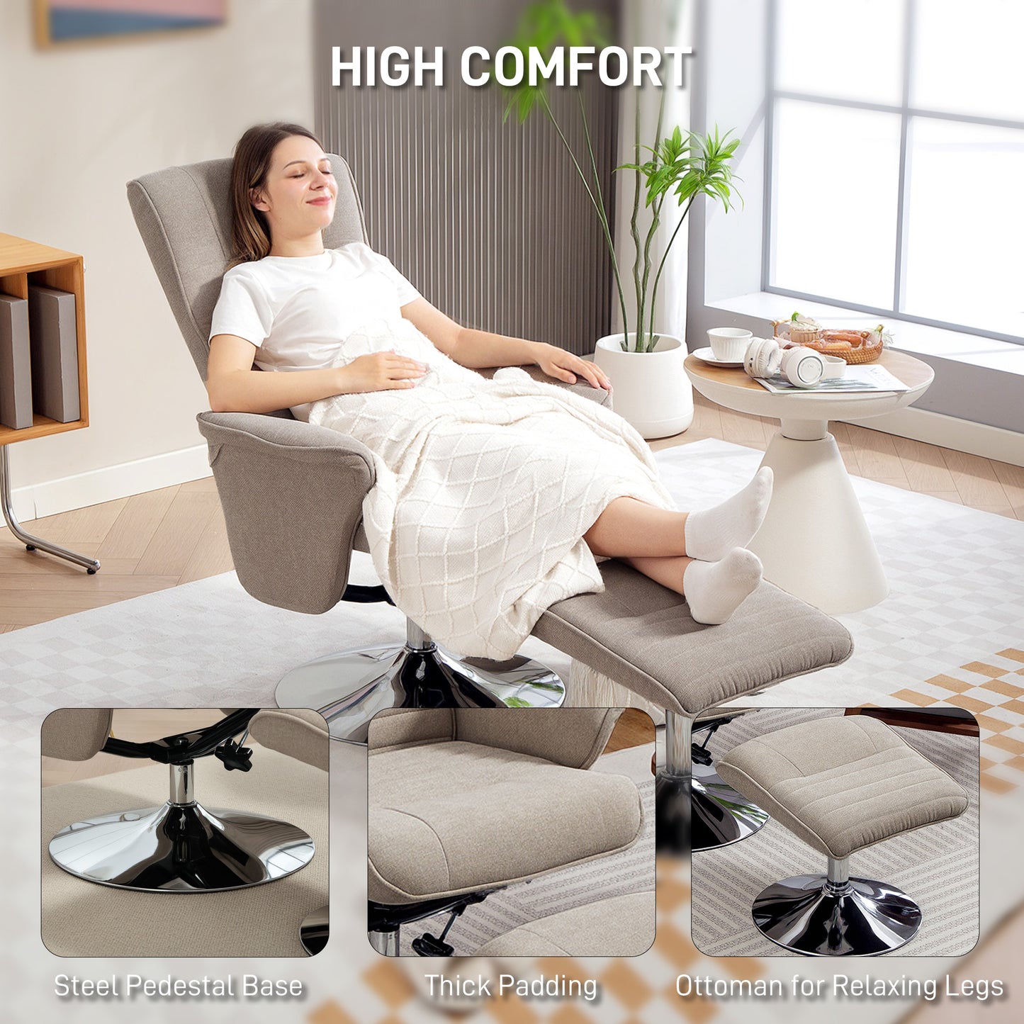 Upholstered Swivel Recliner Armchair with Ottoman, Beige