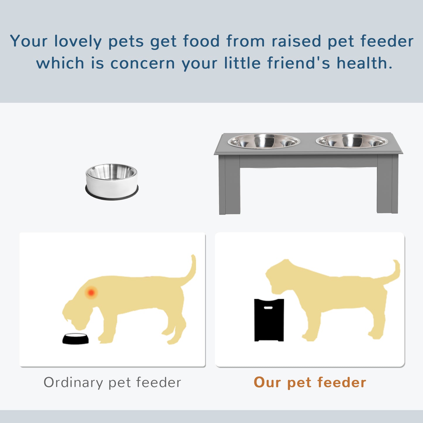 Raised Dog Bowls Pet Feeder Raised Elevated Stainless Steel Food Grey