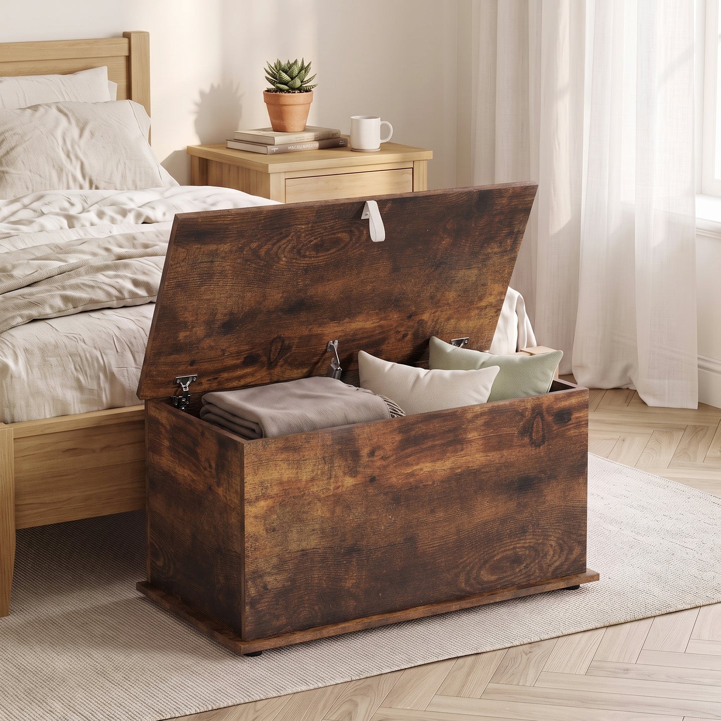 Storage Chest with Safety Hinged Lid, 102L Storage Box, Rustic Brown